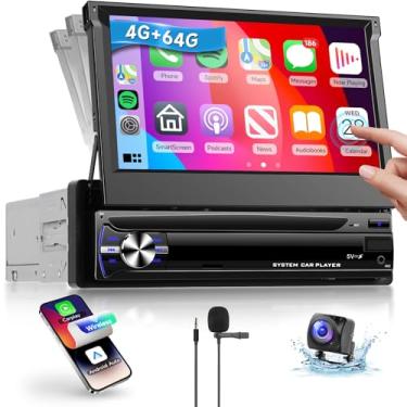 Imagem de 4G + 64G 7 polegadas Android 15 Single Din Car Stereo Wireless Carplay Android Auto, tela sensível ao toque Rimoody 1 din rádio de carro com Wi-Fi, navegação GPS, rádio Bluetooth FM + câmera de