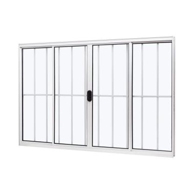 Imagem de Janela De Alumínio De Correr Central 100x120cm 4 Folhas Com Grade E Vidro Liso Slim Modular Ramassol Branco