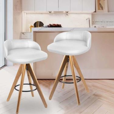 Imagem de Kit 02 Banqueta Alta Com Encosto Bali Base Giratória Madeira Corino Branco