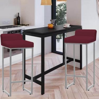 Imagem de Kit 02 Banqueta Alta Mia Com Encosto Cozinha Bistrô Bar Balcão Ferro Prata Suede Bordô