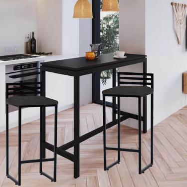 Imagem de Kit 02 Banqueta Alta Com Encosto Núria Balcão Bar Cozinha Bistrô Ferro Preto Corino Cinza
