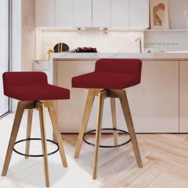 Imagem de Kit 02 Banqueta Alta Com Encosto Giratória Rute Madeira Balcão Bistrô Cozinha Suede Vermelho