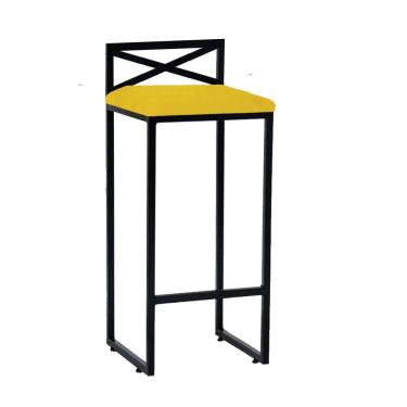 Imagem de Banqueta Alta Com Encosto Ema Balcão Bar Cozinha Bistrô Ferro Preto Corino Amarelo