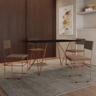 Imagem de Mesa Jantar Industrial Trama 1,40X0,80M Preta Com 4 Cadeiras Estofadas Vitória Marrom E Cobre