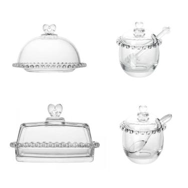 Imagem de Kit Queijeira + Manteigueira + Meleira + Açucareiro De Cristal Coração Lyor