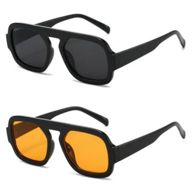 Imagem de IKUVNA Óculos de sol aviador quadrado retrô anos 70 para mulheres e homens, estilo moderno, armação plana, vintage, óculos de sol quadrados, Pacote com 2, preto + laranja, Large