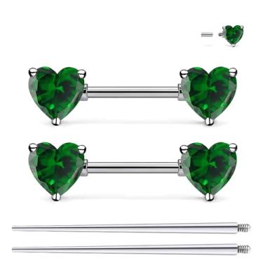 Imagem de Ruifan Piercing de mamilo de titânio roscado internamente anel coração verde zircônia cúbica língua anéis de barra reta piercing corporal joias para mulheres homens 14G 14 mm com cone de piercing reto