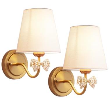 Imagem de Mesuz Conjunto De Duas Arandelas Parede Latão Antigo Mesuz, Decoração Vintage Cristal Âmbar Em Formato Fazenda, Luzes Douradas Com Cúpula Tecido, E26 110 V, Fiação Interna Para Quarto, Sala Estar E