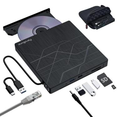 Imagem de PeroBuno Super Drive De Cd Dvd Externo, Gravador De Dvd Usb 3.0 Com Adaptador Ethernet, 3 Portas Usb E 2 Portas De Cartão Tf/Sd, Leitor De Cd Dvd, Gravador De Disco Óptico Para Laptop Pc Mac Windows
