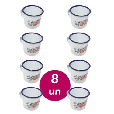 Imagem de Kit 8 canecas café esmaltada branca 100ml retrô - YAZI