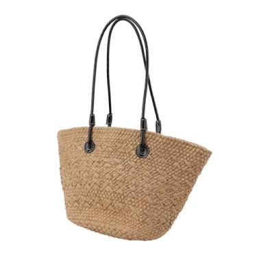 Imagem de Bolsa de Praia Tecida, Bolsa de Palha Feminina Verão Grande Sacola Cáqui Elegante Bolsa de Ombro de Palha de Grande Capacidade para Compras Ao Ar Livre