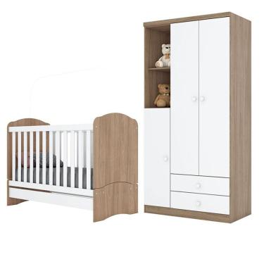 Imagem de Berço Nacional e Guarda Roupa Infantil Bala de Menta 3 Portas 2 Gavetas em MDP MDF 91cm Branco Móveis Henn