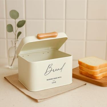 Imagem de Porta Pão de Metal Off White com Alça em Madeira - Crisp - P
