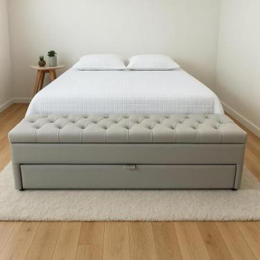 Imagem de Puf Baú Com Gaveta de Casal 140x50x45cm Cor Bege Claro - material sint