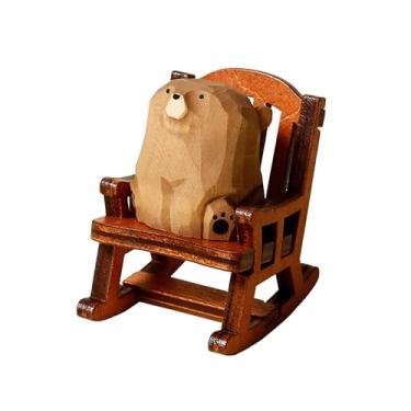 Imagem de Poranlem Hand Carved Wooden Bear Figurine with Miniature Rocking Chair Wood Pet Figures Home Decor Forest Animal Collector Lovers Gift for Birthday Decorative Desktop Ornament