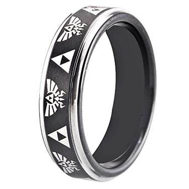 Imagem de 6 mm/8 mm de largura preto com prata/azul/ouro rosa - anel com padrão laser com crista e anel triforce anel de tungstênio anel masculino alianças de casamento anel sem anel gravação personalizada,