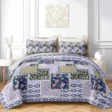 Imagem de QOOMO Conjunto de colcha de retalhos floral, tamanho Queen, conjunto de 3 colchas com estampa de flores xadrez roxas, boêmio, microfibra macia, leve, com 2 fronhas para todas as estações