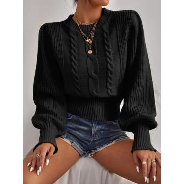 Imagem de Blusa manga longa detalhada bufante feminina tricot quente moda invern