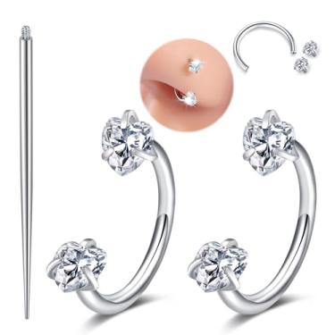 Imagem de MODRSA Anel de nariz de ferradura de prata 18 g Anel de nariz de sapato de cavalo para mulheres de aço cirúrgico meia argola brinco argolas coração duplo gema tragus aros labret lábio hélice piercing