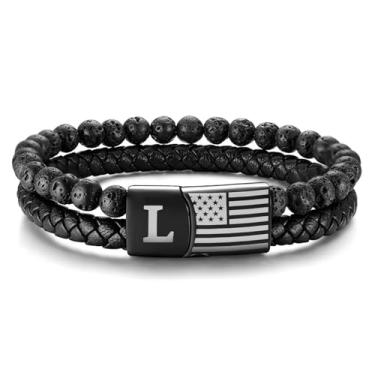 Imagem de Pulseira de couro inicial para homens presentes: Pulseira masculina bandeira americana preta lava rock trançado letra pulseira para dia dos namorados aniversário natal joia masculina presente para ele