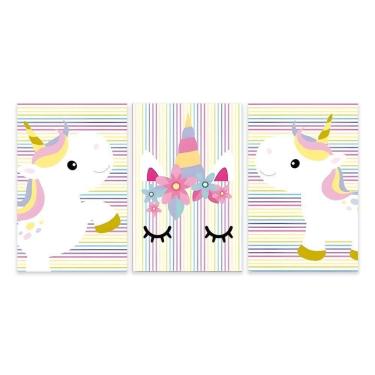 Imagem de Kit 3 Quadros Unicórnios Infantil Bebe Quarto Menina Placas