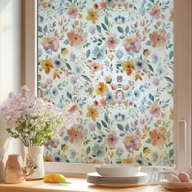Imagem de Runtoo Película de privacidade de janela fosco floral para janela adesivos de janela 3D banheiro decorativo vitral aquarela folhas de flores decalques adesivo estático capa de porta não adesivo, 43 x