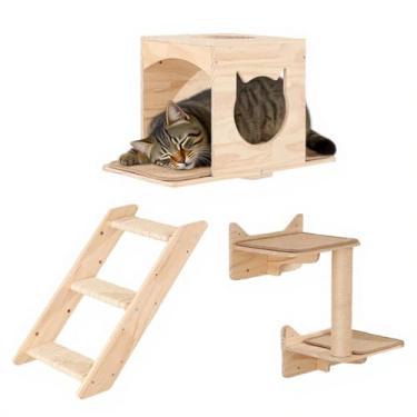 Imagem de KVIDA Conjunto de prateleiras de parede para gatos – 5 peças de móveis extragrandes montados na parede para gatos com 2 plataformas, poste de arranhador de sisal e casa para gatos – parede de escalada
