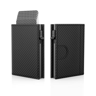 Imagem de Carteira masculina - couro minimalista com três dobras, capa para cartão pop-up inteligente com bloqueio de RFID, porta-cartões de crédito de metal fino de 10 a 15 cartões, carteiras pequenas com