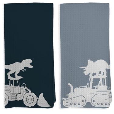 Imagem de VRW Dinossauro de construção, toalhas de mão de casa de banho infantis, dinossauro engraçado no caminhão de construção, toalha de prato infantil para decorações de banheiro, toalhas de dinossauro