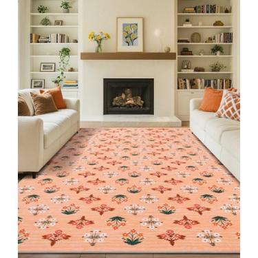 Imagem de YIHOUSE Tapete de área lavável floral laranja 2,5 x 25,4 m - Tapete grande colorido para sala de estar, tapete ultrafino antiderrapante para quarto, berçário, quarto das crianças (laranja, 2,4 x 3 m)
