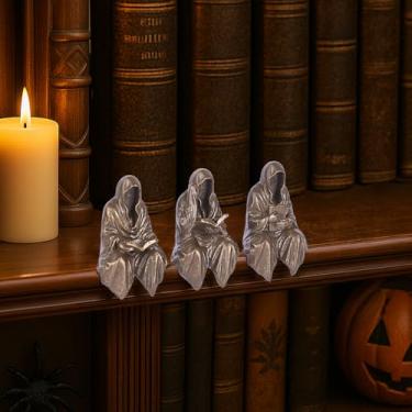 Imagem de Reading Statue Suriel Bookshelf Figure Set of 3, Gothic Fantasy Black Robe Statue, Mystery Reading Figurines Sitting Sculpture for Shelf - Halloween Shelf Trinkets Dark Academia Decor Aesthetic