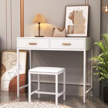 Imagem de Buildonely Penteadeira Moderna, Pré-Montada Com 2 Gavetas De Armazenamento E Banco Acolchoado, Pequena Alças Douradas Para Adolescentes, Branca