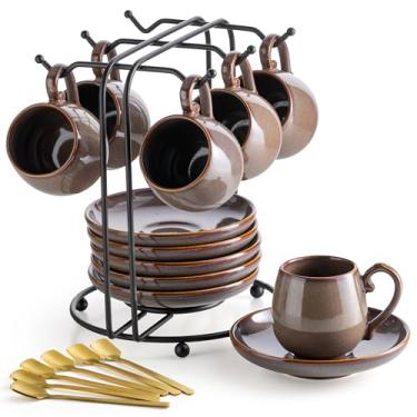 Imagem de LYEOBOH Conjunto de 6 xícaras e pires de café expresso de 85 g, xícaras de café pequenas de cerâmica com suporte de metal e colheres, xícaras de demitasse fofas para chá, expresso, latte, café mocha