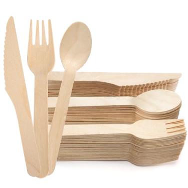 Imagem de LotFancy Conjunto de talheres descartáveis, 200 peças de utensílios compostáveis de madeira (100 garfos, 50 colheres, 50 facas) garfos e colheres ecológicos