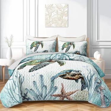 Imagem de AILONEN Jogo de cama queen com tartaruga marinha, azul petróleo, oceano, praia, litoral, 3 peças, colcha leve e macia e 2 fronhas