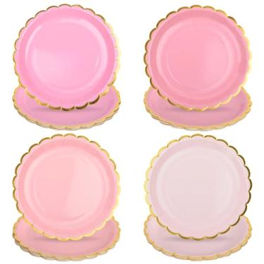 Imagem de AimFun 48 peças, pratos de papel rosa, cor gradiente, descartáveis, pratos de festa de sobremesa, prato recortado, folha dourada de 18 cm, para Natal, chá de bebê, casamento, chá de festa