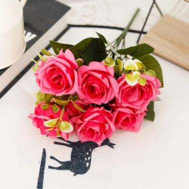 Imagem de Buquê de rosas de outono, guirlanda de flores artificiais para casamento, decoração de Natal para casa, vaso de flores artificiais para sala de estar, acessórios para festa e jardim (rosa vermelha)