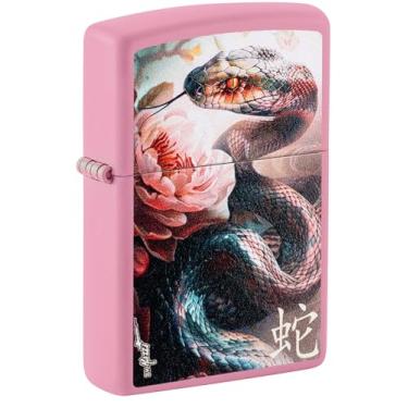 Imagem de Zippo Mazzi® Isqueiro de bolso fosco rosa com design de cobra e flor