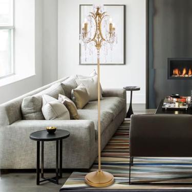 Imagem de TOCHIC Luminária de chão de cristal tranditional Farmhouse com 5 luzes, luminária dourada para candelabro artesanal, 165 cm de altura para sala de estar, sala de jantar, entrada, quarto