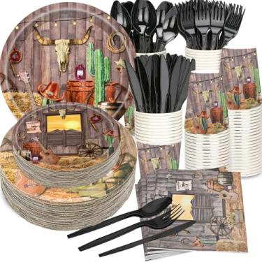 Imagem de 175 peças de artigos de festa de caubói ocidental, pratos de papel caubói de 23 cm, pratos do oeste selvagem, guardanapos de caubói, copo, garfo, colher, para chá de bebê, acampamento, celeiro