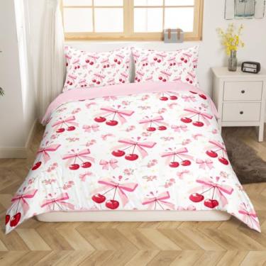 Imagem de Manfei Conjunto de capa de edredom infantil Bow Cherry tamanho Queen, conjunto de roupa de cama floral com laço floral de rosas e meninos, kawaii, decoração de quarto de frutas fofas, capa de colcha