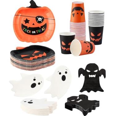 Imagem de 72 peças de pratos e guardanapos de Halloween - serve 24 - pratos, copos e guardanapos de papel de abóbora para decorações de aniversário de Halloween, conjunto de louça infantil