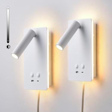 Imagem de Luz de leitura regulável montada na parede para cama, lâmpadas de parede LED com portas USB C+A, fio rígido e plugue 2 em 1 arandelas de parede com interruptor, lâmpada lateral de cama que cuida dos
