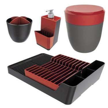 Imagem de Kit Cozinha Escorredor Louças + Porta Talheres + Dispenser + Lixeira P