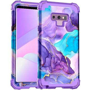 Imagem de BQQFG Capa para Galaxy Note 9, padrão de mármore de três camadas resistente à prova de choque plástico rígido amortecedor+silicone macio híbrido protetor contra quedas meninas mulheres capa para Galaxy Note 9 (6,4 polegadas), roxo/azul
