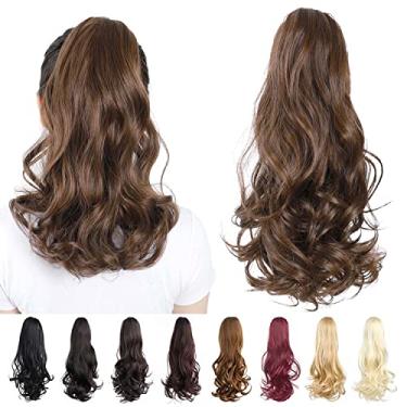 Imagem de Garra de extensão de rabo de cavalo, extensões de cabelo marrom HSPJHTM, garra de extensão de rabo de cavalo para mulheres, cabelo cacheado, 40,6 cm, extensões de cabelo de rabo de cavalo sintéticas volumosas, onduladas, resistentes ao calor, marrom claro