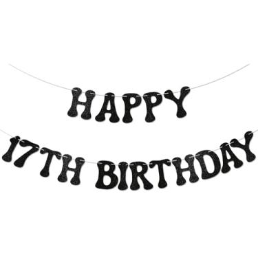 Imagem de Banner Happy 17th Birthday - Cheer to 17 Years, Awesome Since 2008 Banner, decoração de festa de aniversário de 17 anos para meninos adolescentes com glitter preto