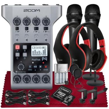 Imagem de Zoom PodTrak P4 Gravador de Podcast Multitrack portátil, interface de áudio com 4 entradas de microfone, 4 saídas de fone de ouvido + microfone portátil, filtro pop, fone de ouvido com microfone