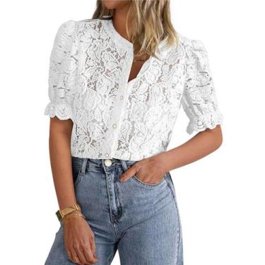 Imagem de Blusa feminina PRETTYGARDEN de renda de manga curta, branca, tamanho S