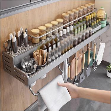 Imagem de Suporte De Cozinha De Camada Dupla, Suporte De Utensílios De Cozinha De Parede, Com Porta-facas D Gancho, Grande Espaço, Adequado Para S, Gray, 60cm